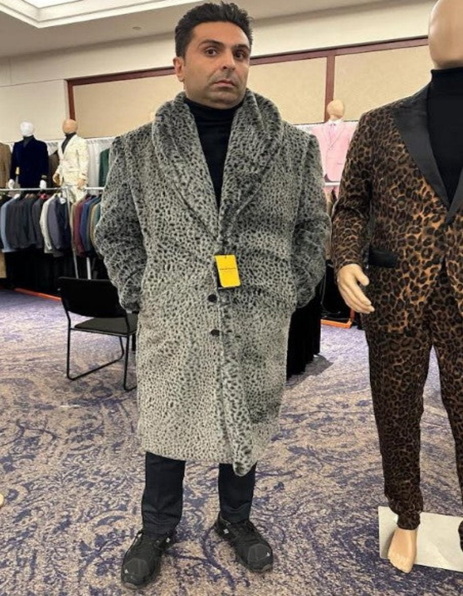 Gray Fur Coat - Leopard Faux Fur Coat With Full Length - Grey Winter Coat USA Men's Outlet – SuitUSA