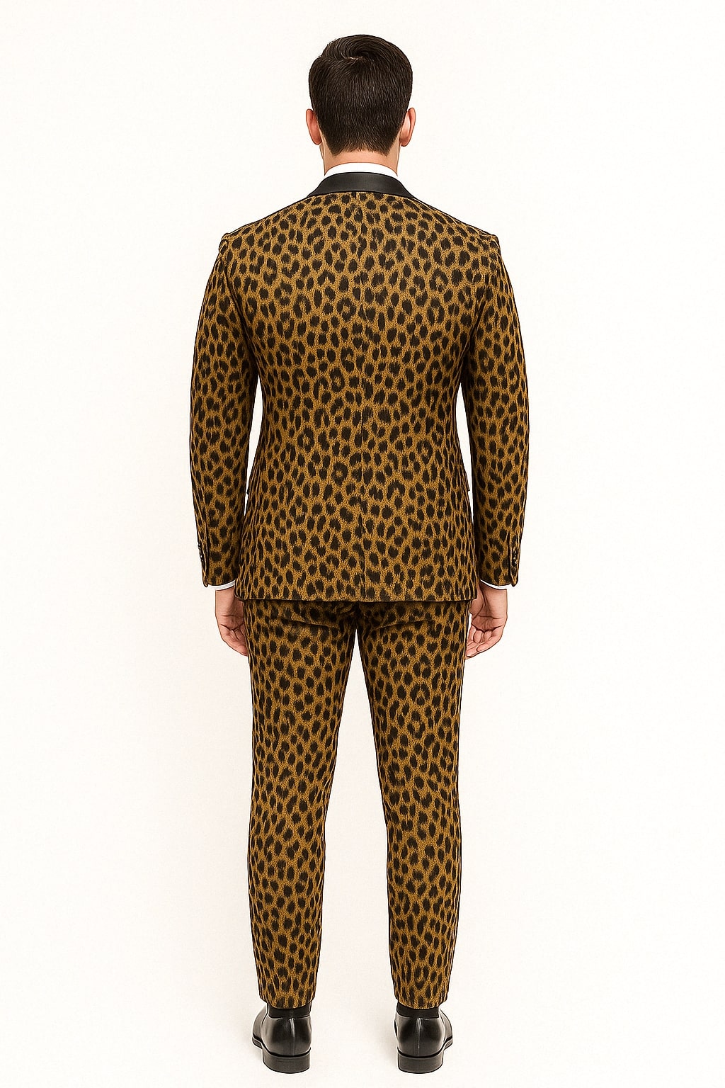 Mens Leopard Print Tuxedo with Black Satin Lapel and Bow Tie – Bold Animal Print Formal Suit