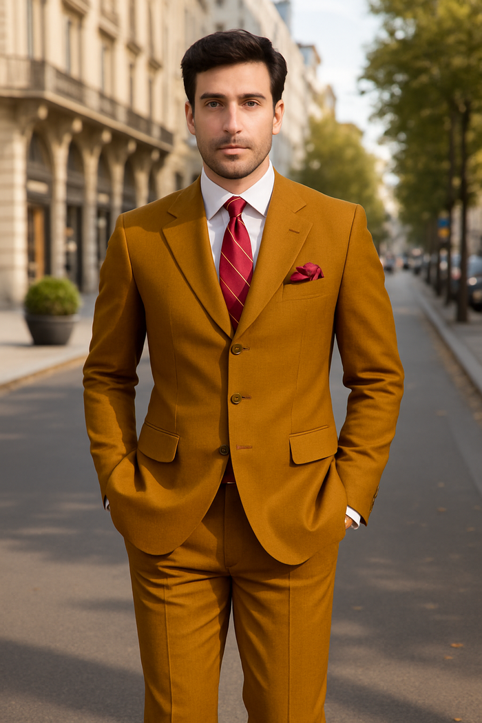 Mens 3 Button Classic Fit Poplin Suit in Tan by Fortino Landiin
