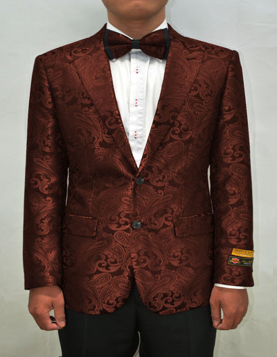 Mens Paisley Blazer - Floral Pattern Rust Copper Color and Black Mix - Light Brown Color Tuxedo Dinner Jacket