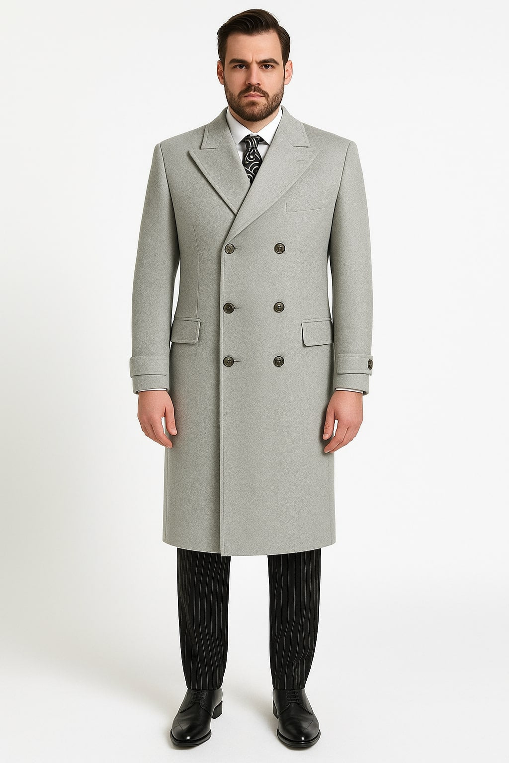 Mens Light Gray Double-Breasted Wool Overcoat - Classic Long Dress Coat for Winter by USA Men's Outlet
