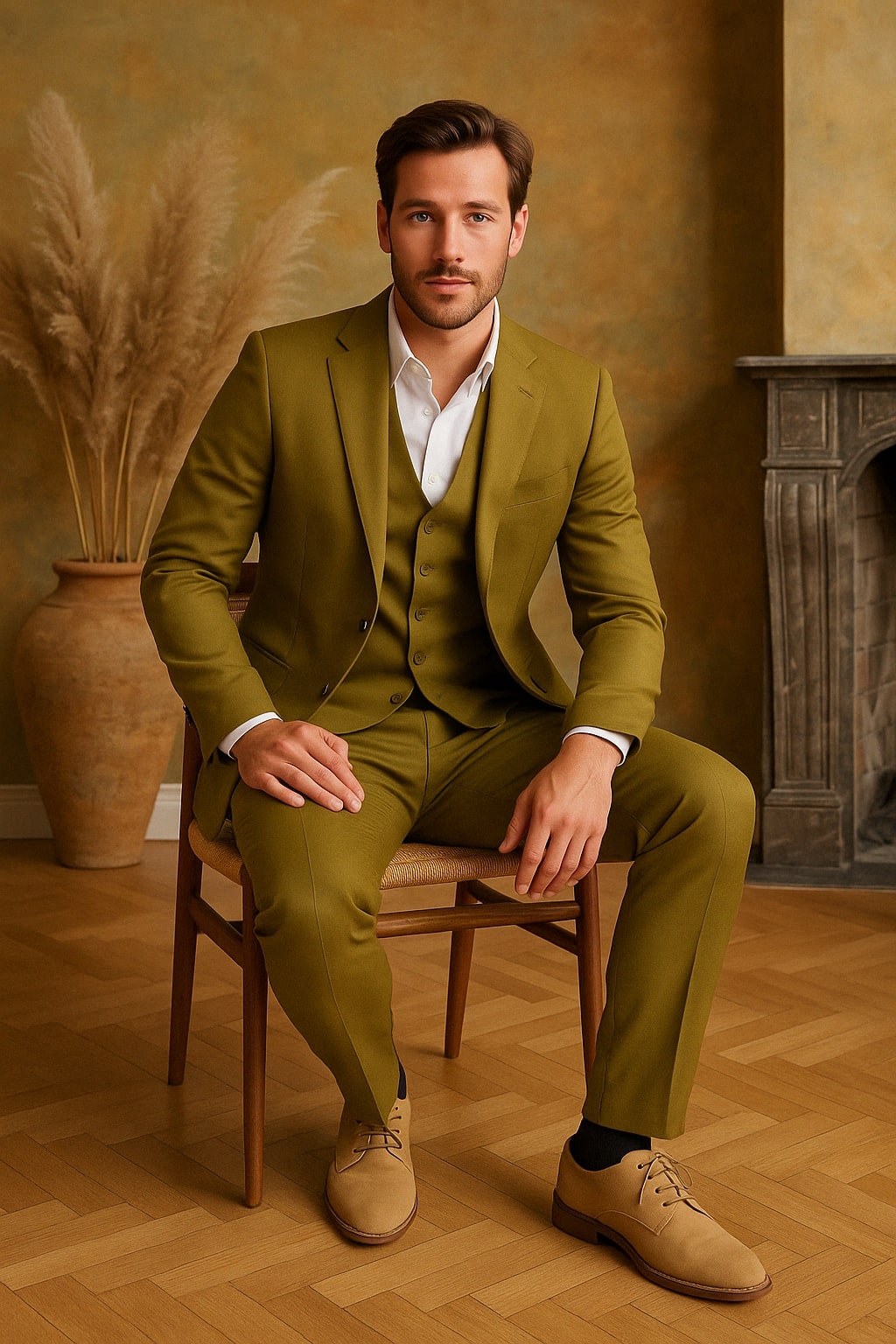 Mens Light Olive Green Linen Suit Three-Piece Style  – Formal Suit with Vest and Flat Front Pants