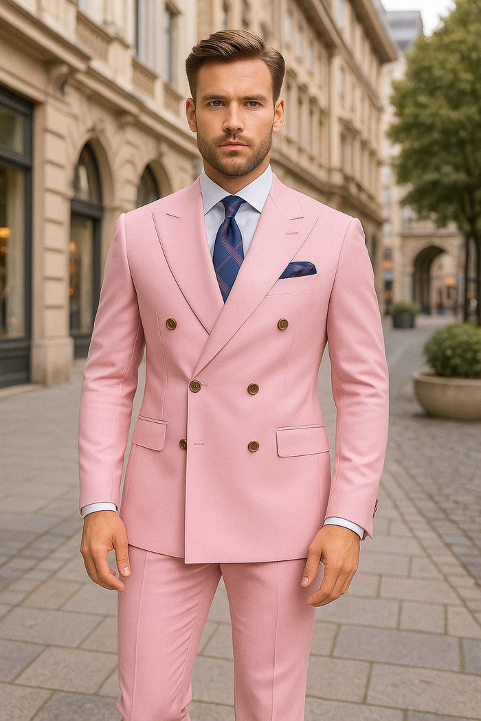 Mens Light Pink Double-Breasted Suit with Gold Buttons - 2-Piece Slim Fit Set by USA Men's Outlet