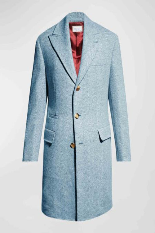 Mens Carcoat - Light Blue Three Quarter Peak Lapel Topcoat at USA Men's Outlet