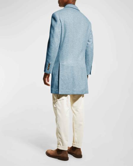 Mens Carcoat - Light Blue Three Quarter Peak Lapel Topcoat at USA Men's Outlet
