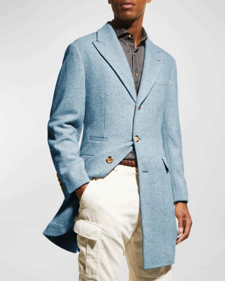 Mens Carcoat - Light Blue Three Quarter Peak Lapel Topcoat at USA Men's Outlet