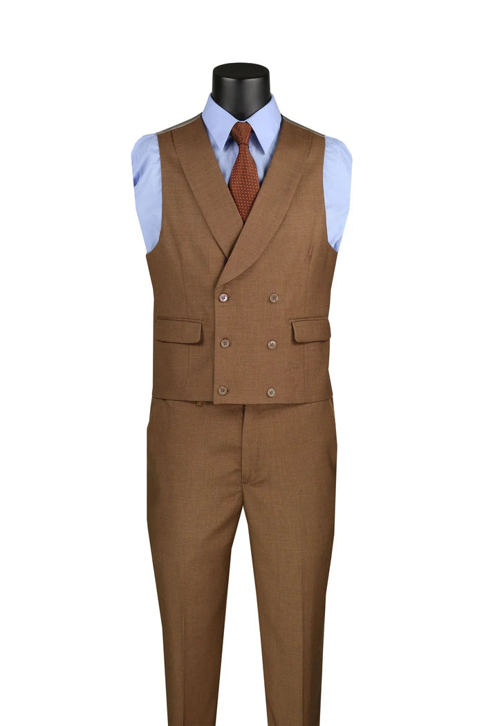 Light Brown Modern Fit 3-Piece Suit with Lapel Vest & Adjustable Pants by Vinci