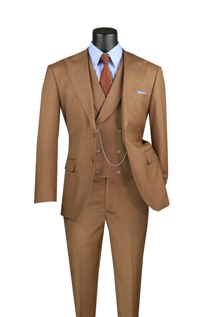 Light Brown Modern Fit 3-Piece Suit with Lapel Vest & Adjustable Pants by Vinci
