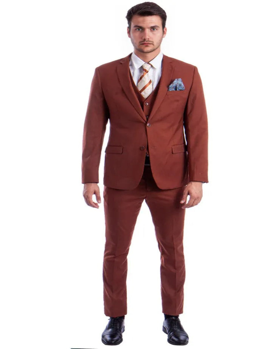 Men's Two Button Slim Fit Vested Solid Basic Color Light Brown Rust Suit
