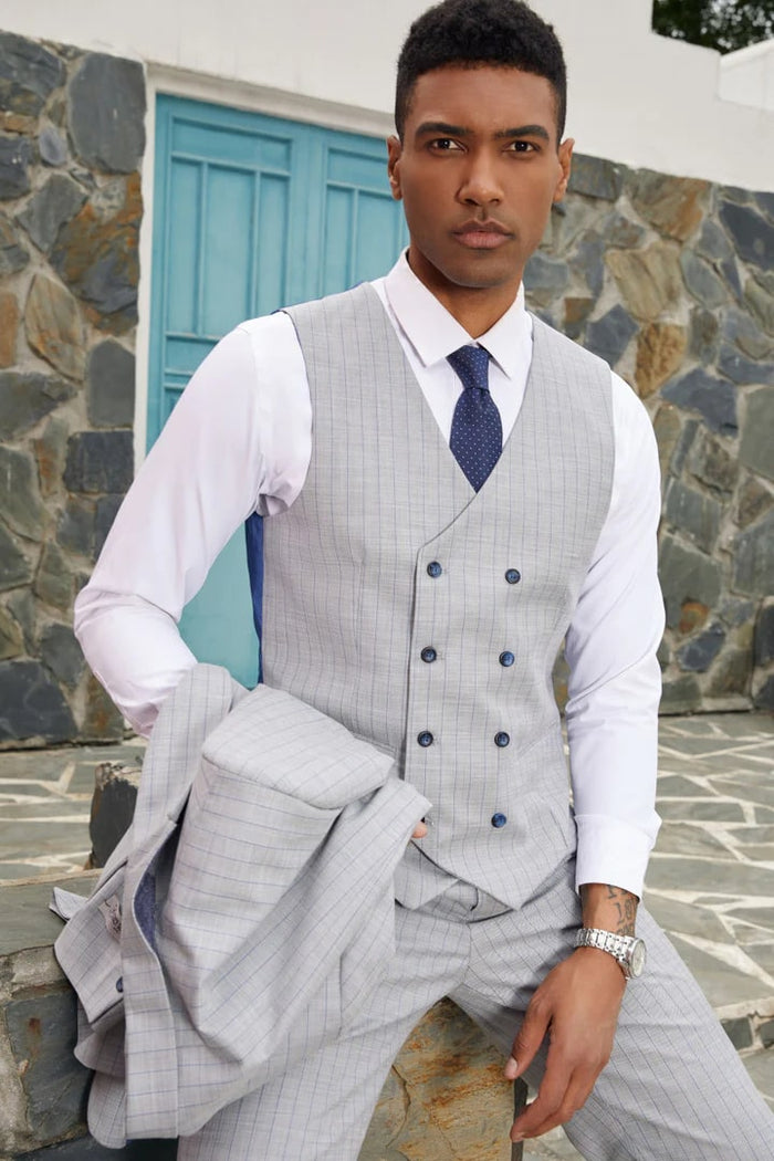 Light Grey Suit - Silver Gray Suit For Wedding - Men's Stacy Adams Vested One Button Peak Lapel Light Grey Pinstripe Suit - Men's Tuxedo USA