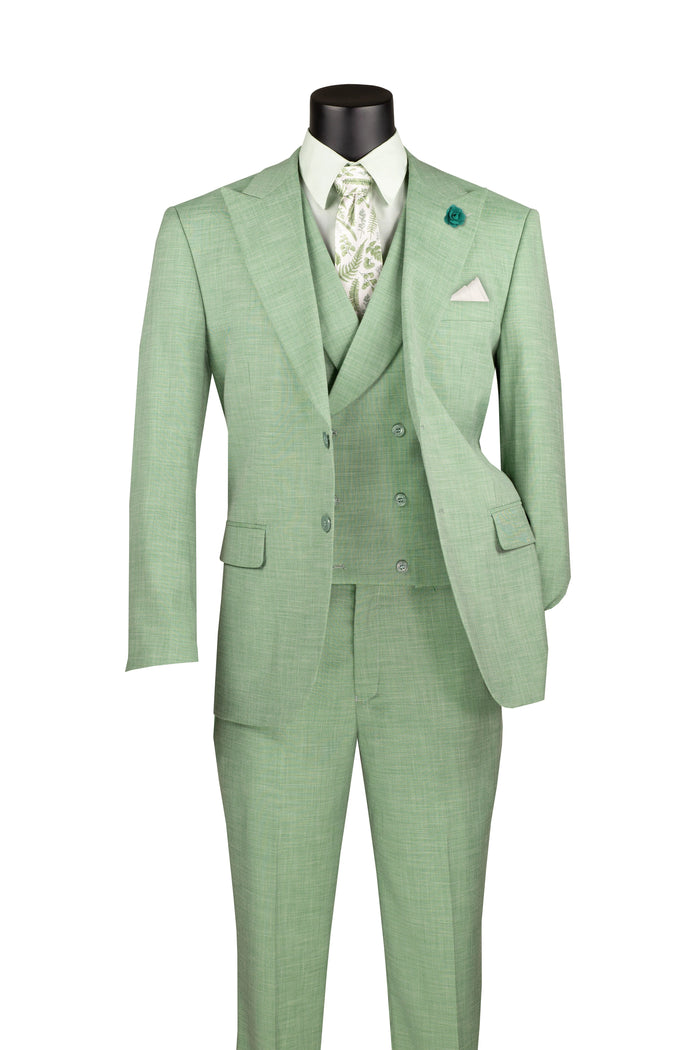 Light Green Modern Fit 3-Piece Suit with Lapel Vest & Adjustable Pants by Vinci