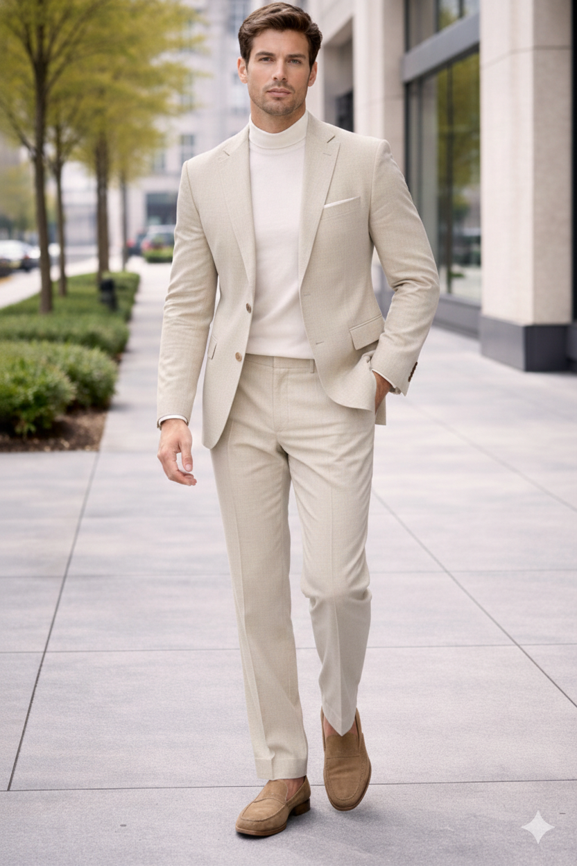 Linen Wedding Suit - Summer Fabric 2 Button Modern Fit No Pleated Pants Jacket + Pants in Color