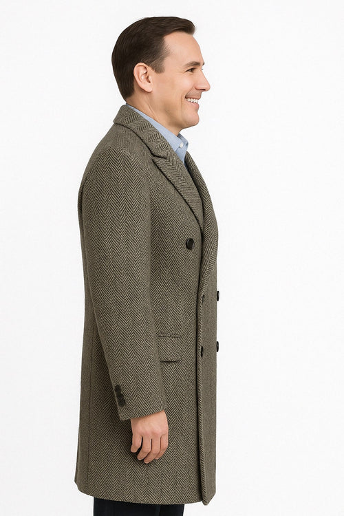 Mens Long Herringbone Wool Overcoat – Classic Double-Breasted Winter Topcoat