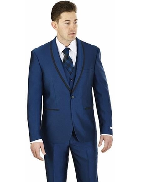 Men's Wedding - Prom Event Bruno Shawl Lapel 1 Button Blue Suit