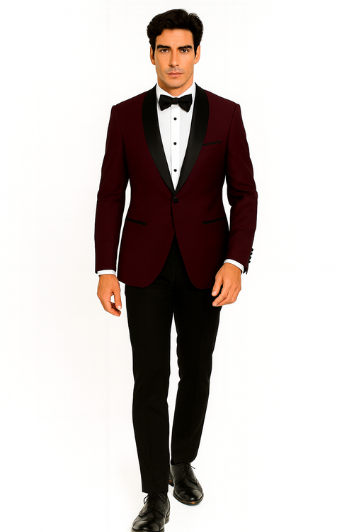 Prom Tuxedo - Wedding Suit - Groom Suit MEN'S BURGUNDY WITH BLACK LAPEL VESTED 100% WOOL TUXEDO