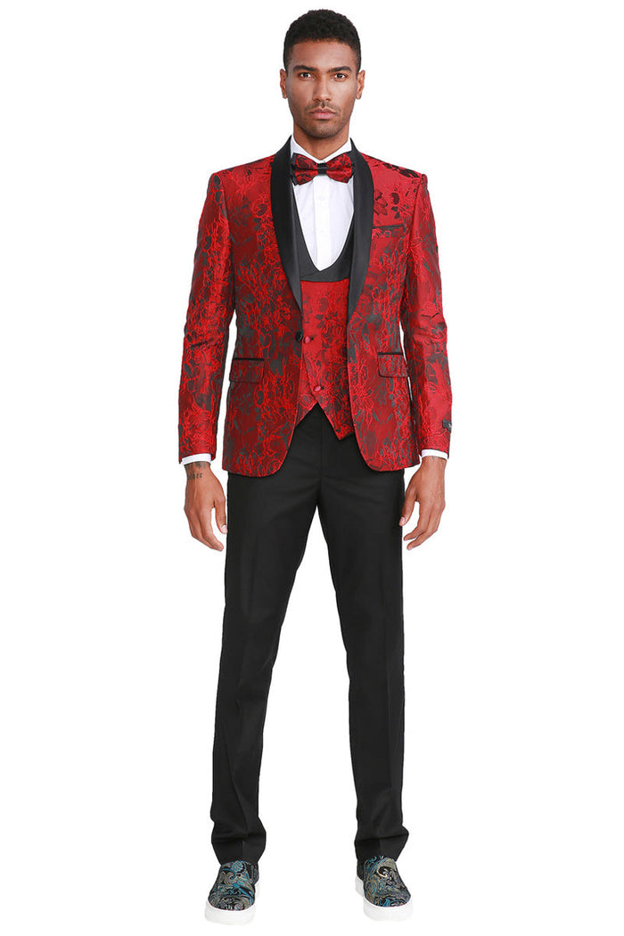 Red Men's Slim Fit Prom Tuxedo with Paisley Shawl Lapel - One Button Vested by Tazzio
