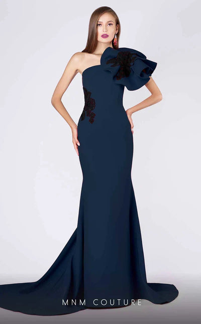 MNM Couture M0042 Green One-Shoulder Open Back Gown