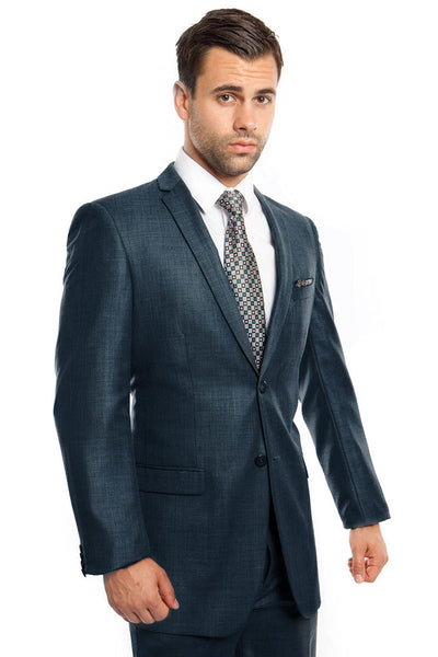 Men's Slim Fit Sharkskin Suit in Navy Blue