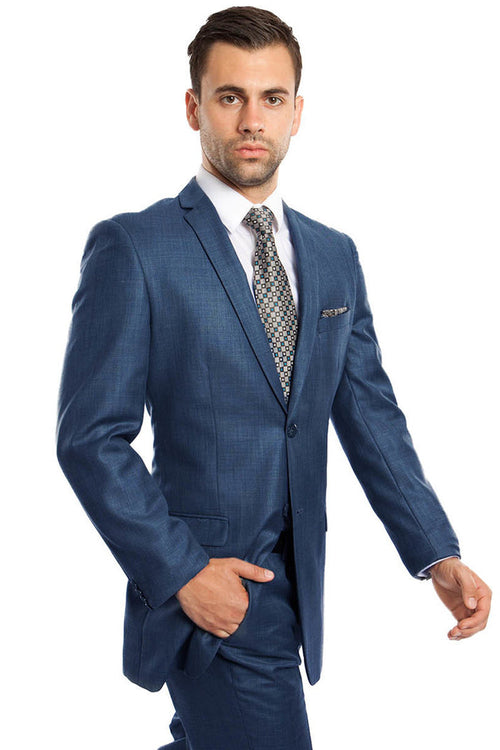 Men's Slim Fit Shiny Sharkskin Suit in Indigo Blue