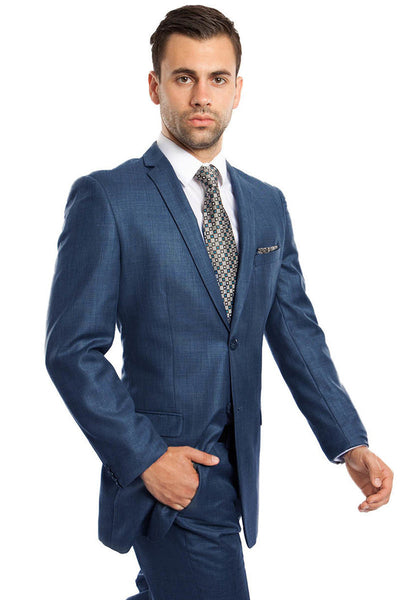 Men's Slim Fit Shiny Sharkskin Suit in Indigo Blue