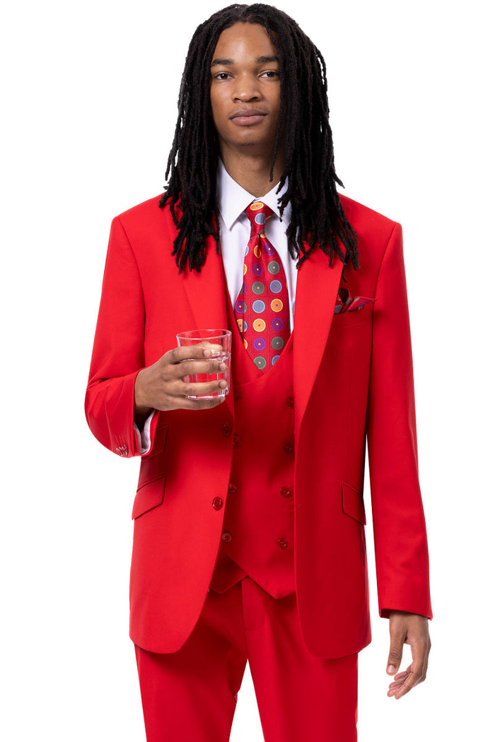 Mens Vested Peak Lapel Prom & Wedding Suit with Double Breasted Vest in Red