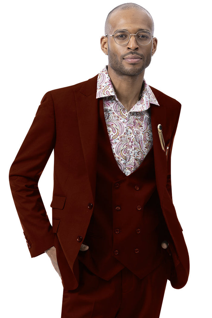 Mens Modern Two Button Vested Peak Lapel Suit with Double Breasted Vest in Burgundy