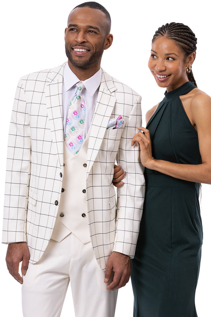 Men's Modern Fit Notch Lapel Contrasting Vest Suit in White & Black Windowpane Plaid