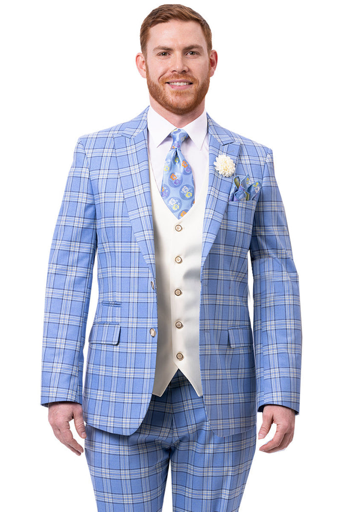 Men's Modern Fit Peak Lapel Contrasting Vest Suit in Light Blue Windowpane Plaid