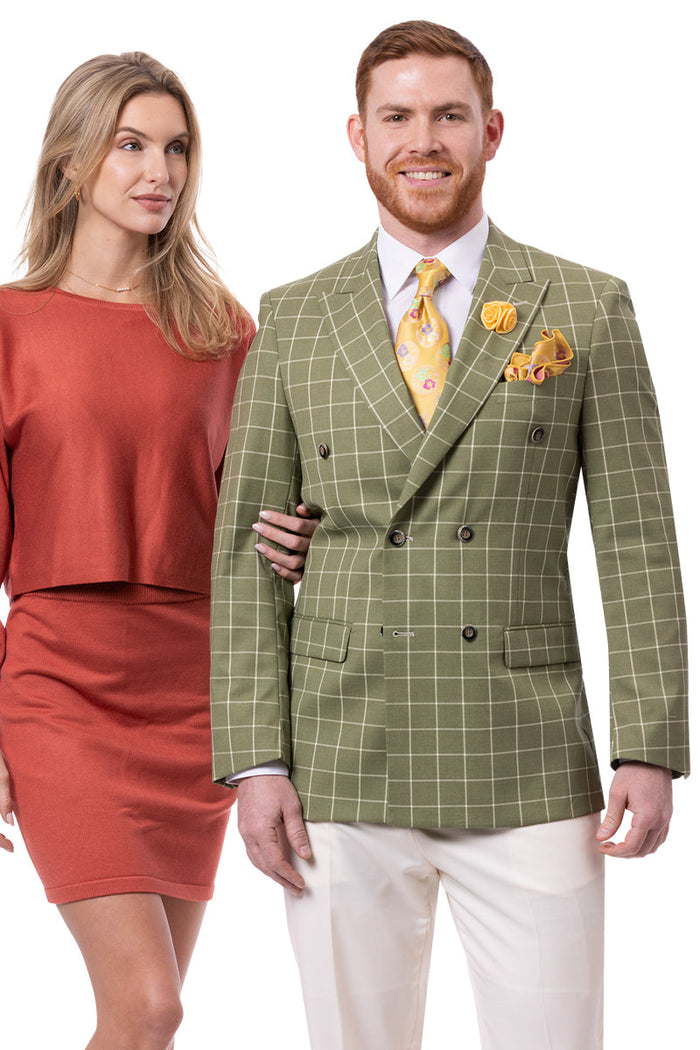 Men's Double Breasted Olive Green Windowpane Plaid Suit with White Pants
