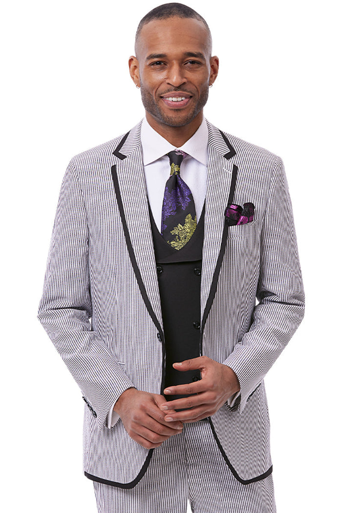 Men's One Button Vested Fashion Seersucker Suit with Double Breasted Vest in Black
