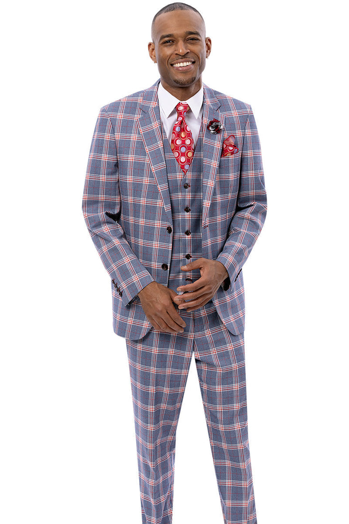 Men's Two Button Vested Suit in Grey & Red Windowpane Plaid