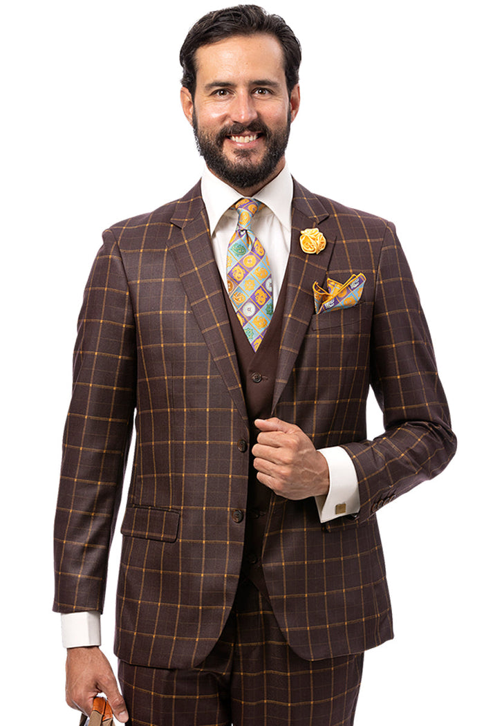 Men's Moder Fit Vested Suit in Dark Brown Windowpane Plaid