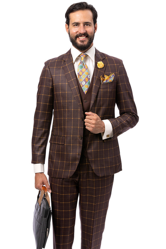 Men's Moder Fit Vested Suit in Dark Brown Windowpane Plaid