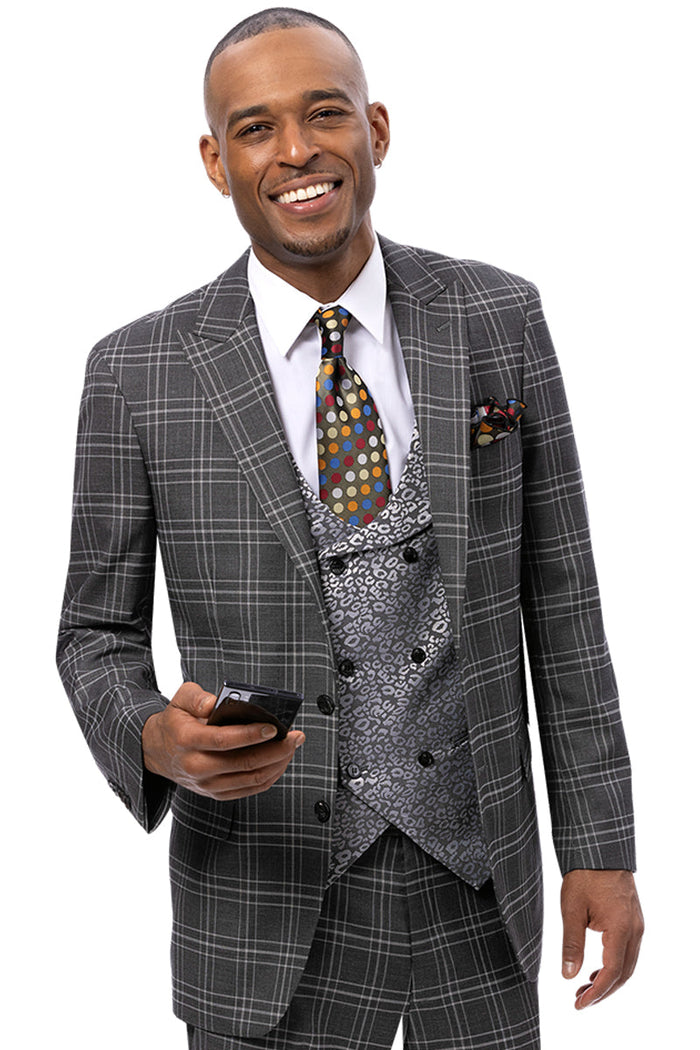 Men's Modern Fit Windowpane Plaid Suit with Paisley Double Breasted Vest in Charcoal Grey
