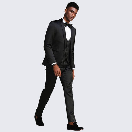 Black Slim Fit Satin Tuxedo – Four Piece Set
