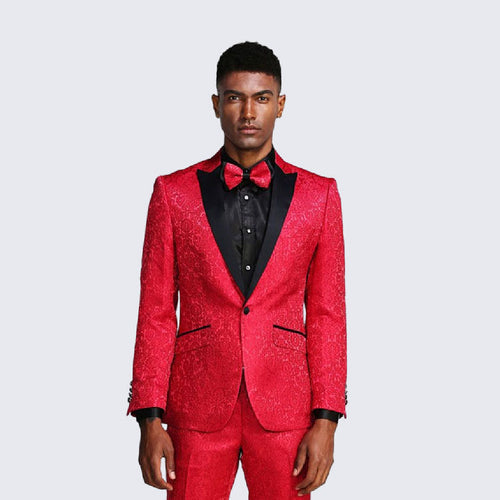 Red Paisley Slim Fit Tuxedo 3-Piece Set – Wedding & Prom