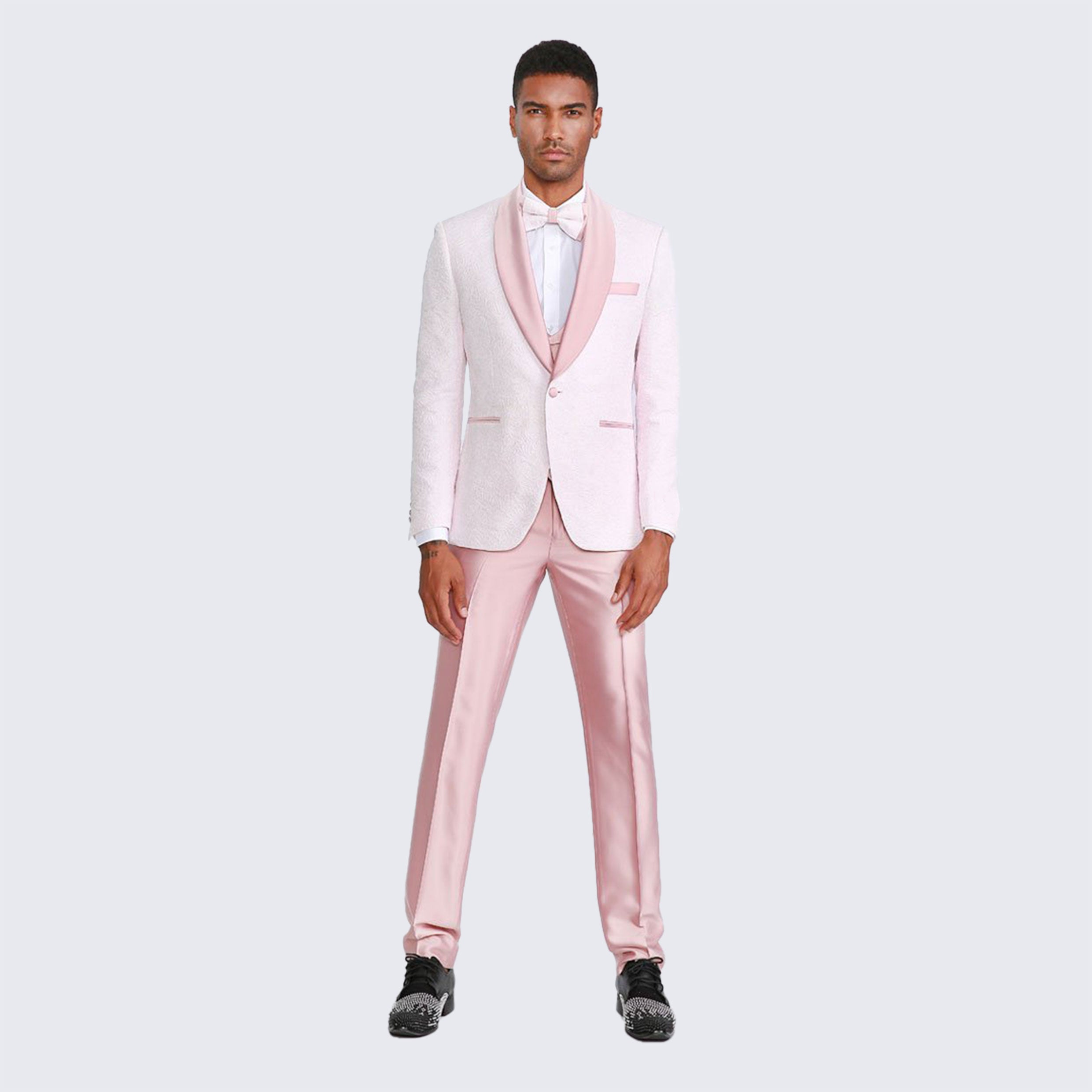 Pink Patterned Tuxedo Set with Shawl Lapel – Wedding & Prom