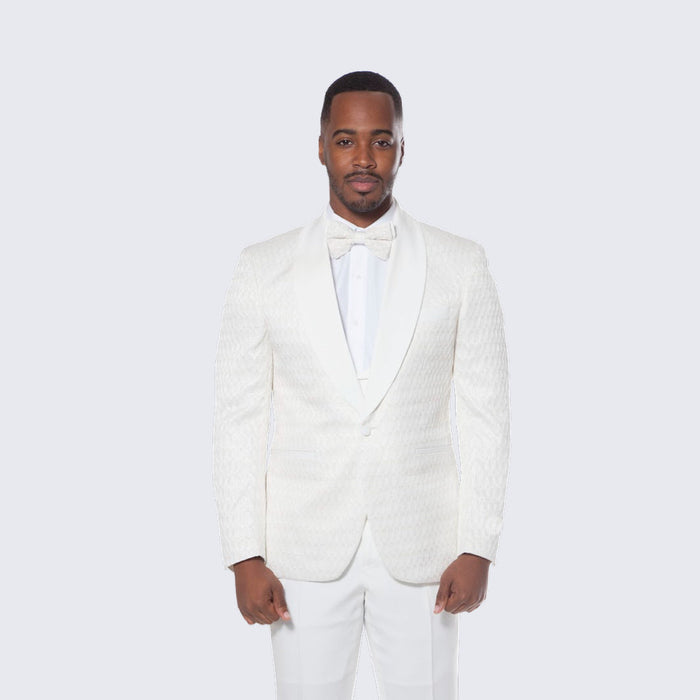Ivory Textured Jacquard Tuxedo 4-Piece Set with Shawl Lapel – Wedding & Prom