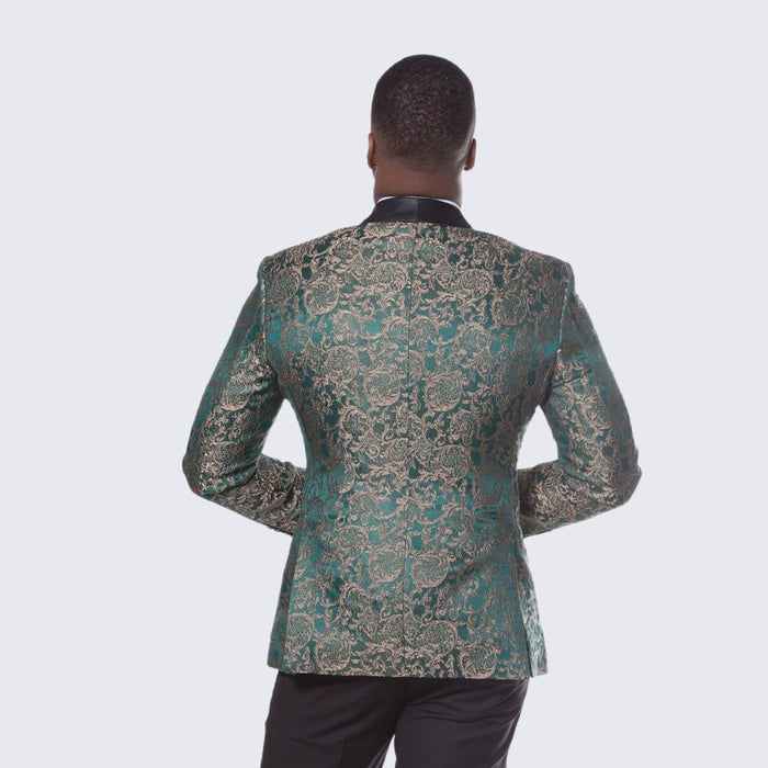 Green & Gold Pattern Tuxedo 4-Piece Set with Shawl Lapel – Wedding & Prom