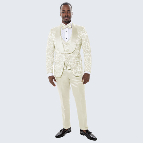 Ivory Floral Tuxedo Set with Wide Shawl Lapel – Wedding & Prom