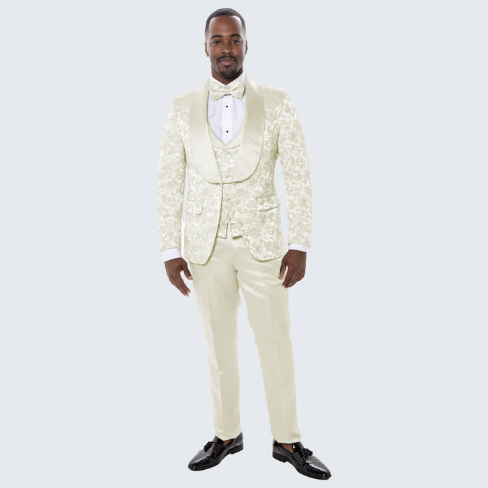 Ivory Floral Tuxedo Set with Wide Shawl Lapel – Wedding & Prom