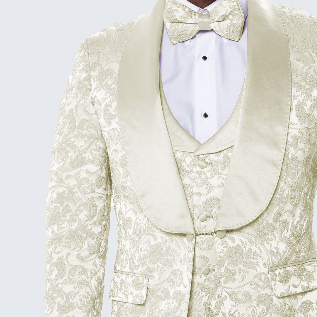 Ivory Floral Tuxedo Set with Wide Shawl Lapel – Wedding & Prom