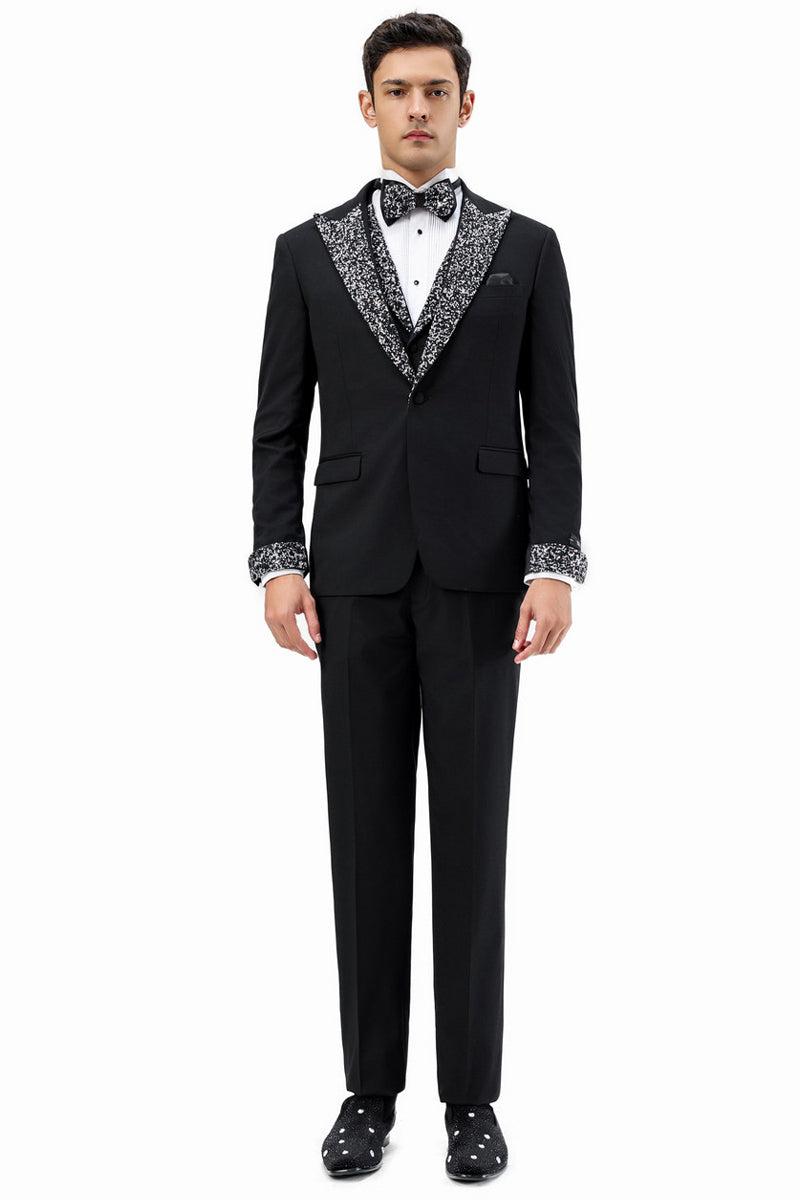 Men's Rhinestone Peak Lapel Vested Tuxedo in Black
