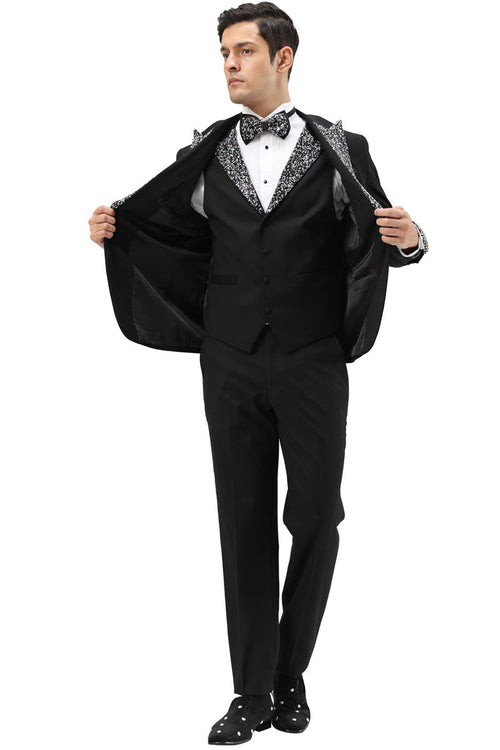 Men's Rhinestone sequin Peak Lapel Vested Tuxedo in Black
