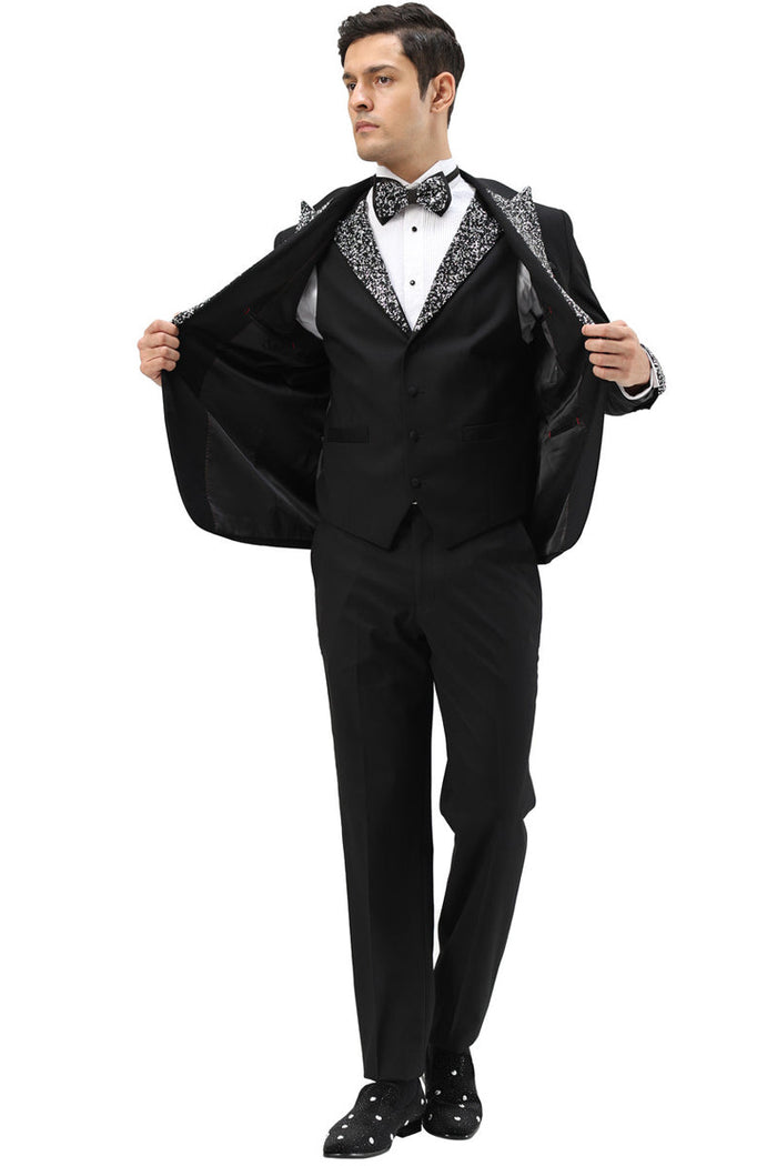 Men's Rhinestone sequin Peak Lapel Vested Tuxedo in Black