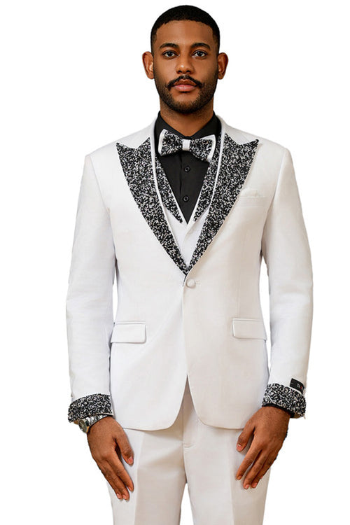 Men's White Rhinestone sequin Peak Lapel Tuxedo for Prom