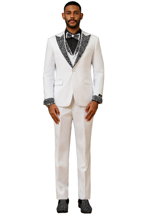 Men's White Rhinestone sequin Peak Lapel Tuxedo for Prom