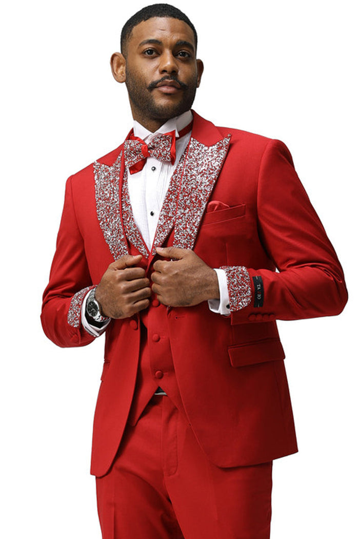 Men's Red Rhinestone sequin Peak Lapel Vested Tuxedo