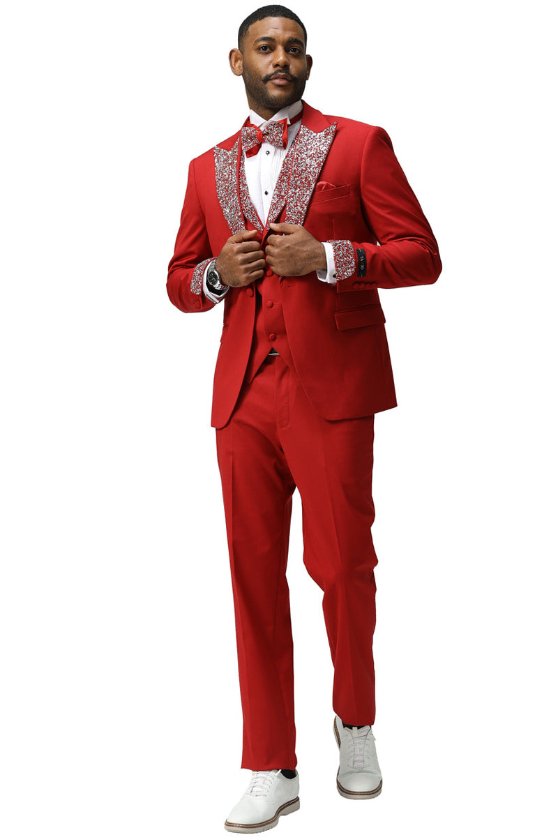 Men's Red Rhinestone Peak Lapel Vested Tuxedo