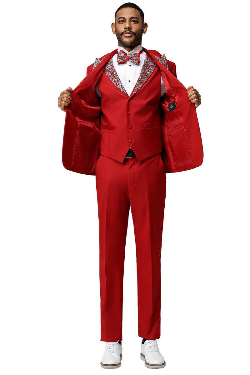 Men's Red Rhinestone Peak Lapel Vested Tuxedo